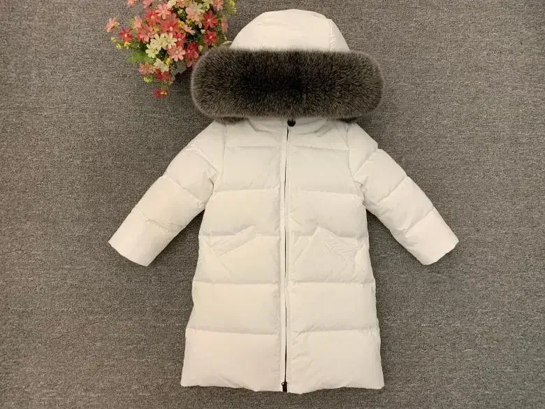 Color: Silver, Kid Size: 8 - Children Girl boy Winter real fur thickened down jackets 90 down Long Coat jacket overcoat baby kids clothing -30 outwear ws1245