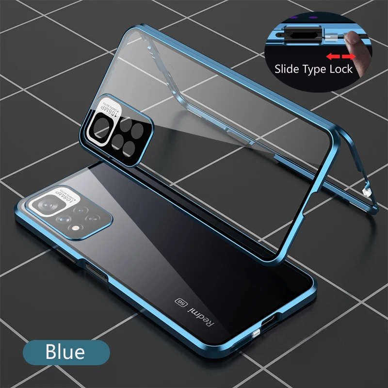 Color: Blue, Bundle: Case & Screen Protector, Material: ABS - Full Protection Case Metal Magnetic Double Sided Glass Snap Lock Case For XiaoMi Redmi Note 13 Pro Plus 5G Bumper Phone Cover