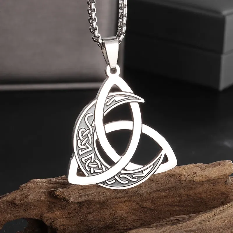 Metal Color: Blue white zinc plated - Stainless Steel Silver Color Pattern Witch Knot Pendant Necklace Celtic Knot Lucky Jewelry Gift for Friends Family