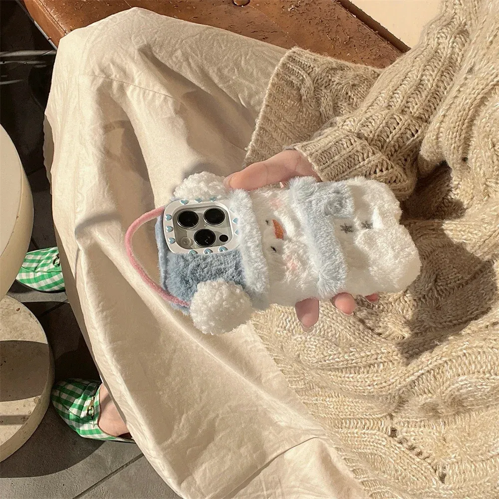 Color: Beige, Material: aluminum - Cute Cartoon Furry Snowman Case for iPhone 16 15 14 Pro Max 12 13 11 16Pro Plush Winter Warm Love Heart Soft Shockproof Cover