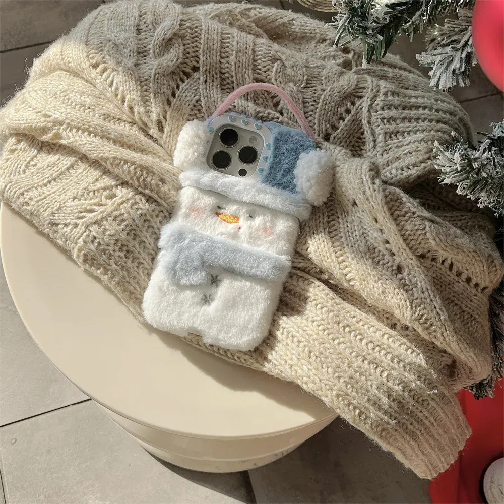 Color: Beige, Material: aluminum - Cute Cartoon Furry Snowman Case for iPhone 16 15 14 Pro Max 12 13 11 16Pro Plush Winter Warm Love Heart Soft Shockproof Cover