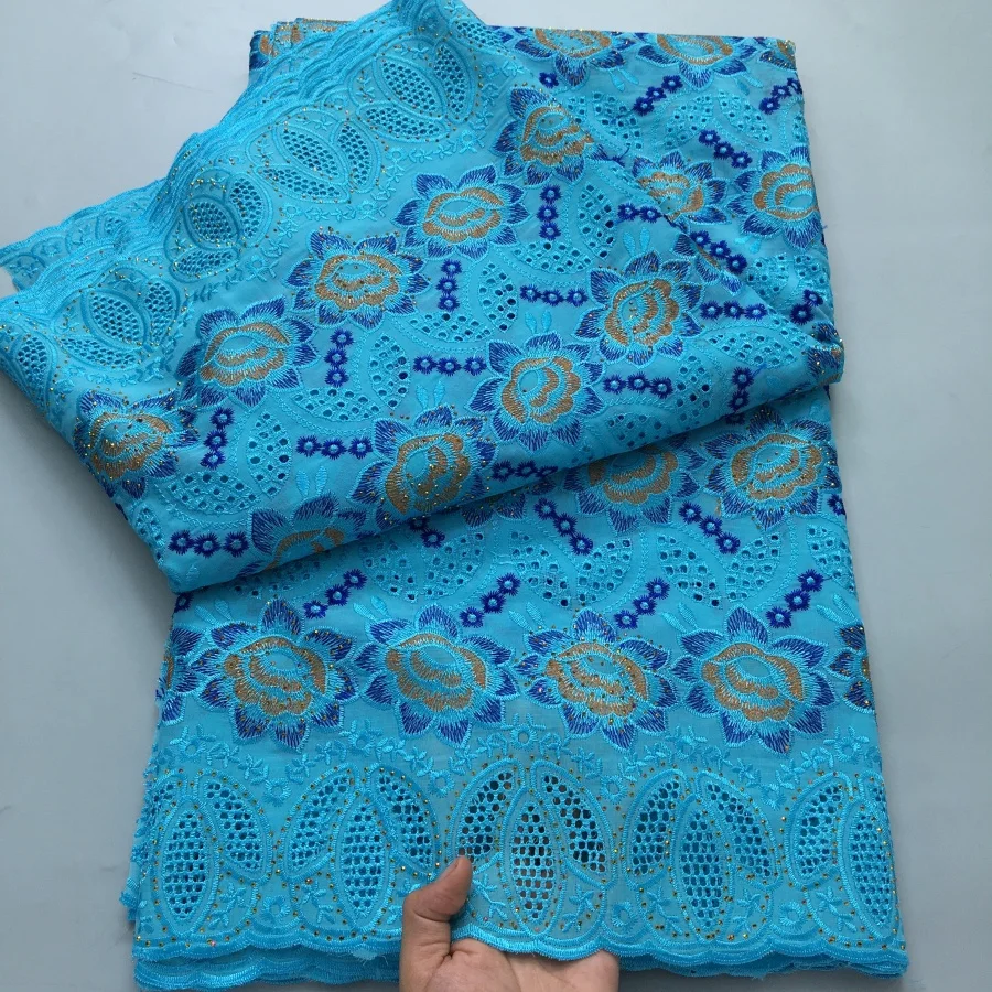 Color: Blue, length: 5 yards, Width: 120cm - White Swiss Lace Fabric High Quality 5 Yards Embroidered Nigerian Cotton Lace Fabric 2025 African Party Dress for Women A4182