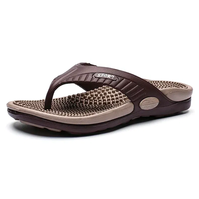 Color: Brown, Shoe Size: 43 - Massage Flip Flops for Men Summer Breathable Beach Shoes Sandals Men Luxury Flip Flops Breathable Plus Big Size Men Slippers 46
