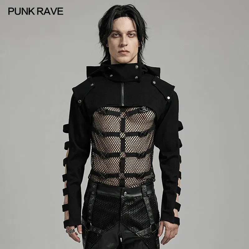 Color: black, Size: M - PUNK RAVE Men's Punk Sleeves Are Hollow Loop Straps Short Coat Handsome Cool Stand Up Collar Casual Mens Jacket Autumn