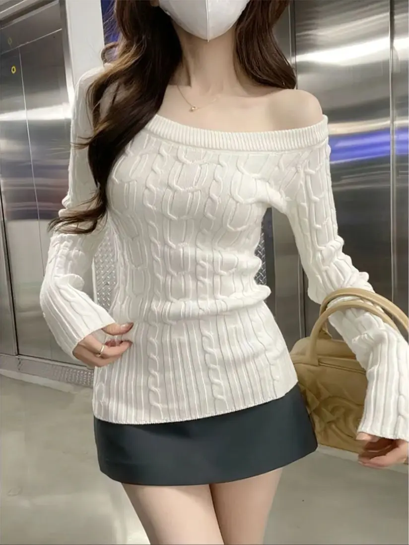 Color: WHITE, Size: S - Casual Off shoulder Rib Knit Sweater Pull Women Long sleeve Top Basic Tees White Slim Pullovers Lady Sexy One Shoulder New