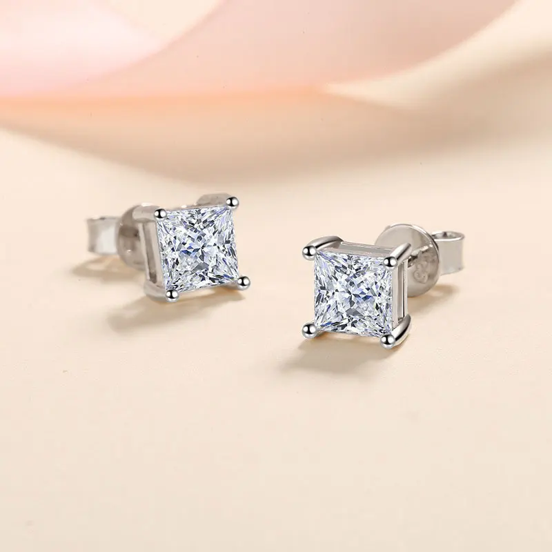 Metal Color: Gold-color - KNOBSPIN D Color Princess Cut Moissanite Earring s925 Sterling Sliver Plated with 18k White Gold Earrings for Women Fine Jewelry