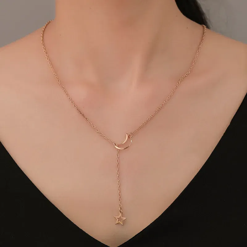 Metal Color: RED-BROWN - New Simple Moon Star Pendant Choker Necklace Simple Gold Color Alloy Charm Chain Collares Necklace For Women Party Jewelry