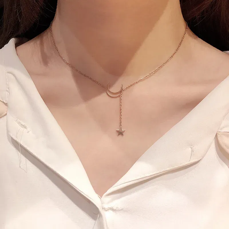 Metal Color: RED-BROWN - New Simple Moon Star Pendant Choker Necklace Simple Gold Color Alloy Charm Chain Collares Necklace For Women Party Jewelry