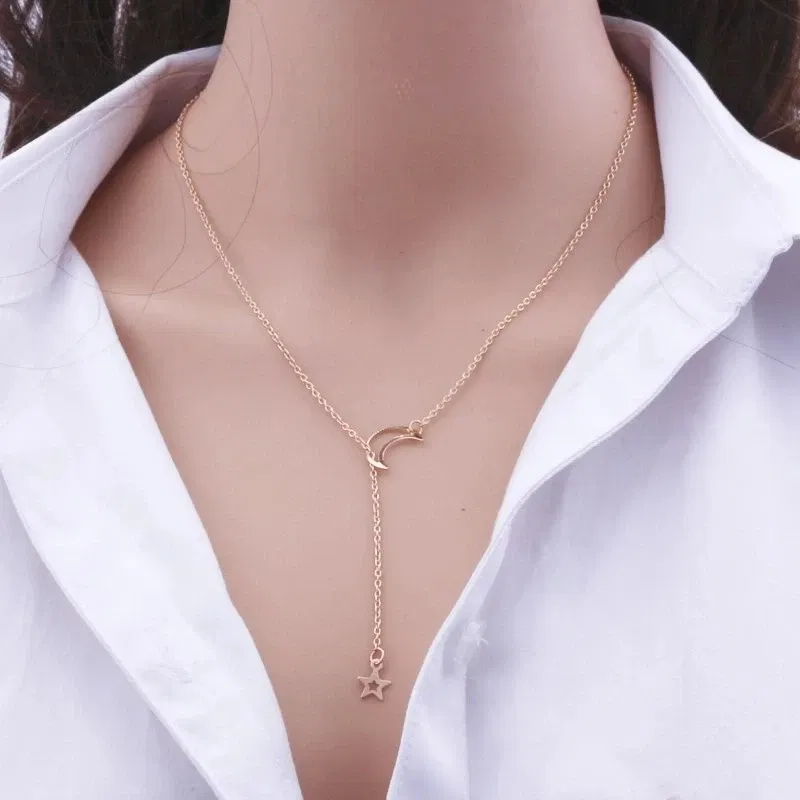 Metal Color: RED-BROWN - New Simple Moon Star Pendant Choker Necklace Simple Gold Color Alloy Charm Chain Collares Necklace For Women Party Jewelry
