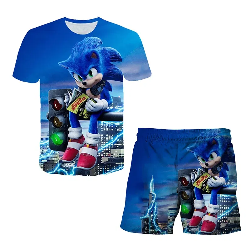 Color: green, Size: 25cm - New Japanese cartoon Sonic T-shirt children's top T-shirt shorts two-piece set summer boy cartoon cute T-shirt+beach pants