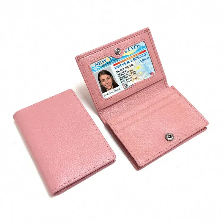Color: Pink - NEW 2024 Genuine Leather Wallet Ultra-thin Fold Unisex Purse Credit Card ID VIP Bank Slim Bag Simple Business Card Holders