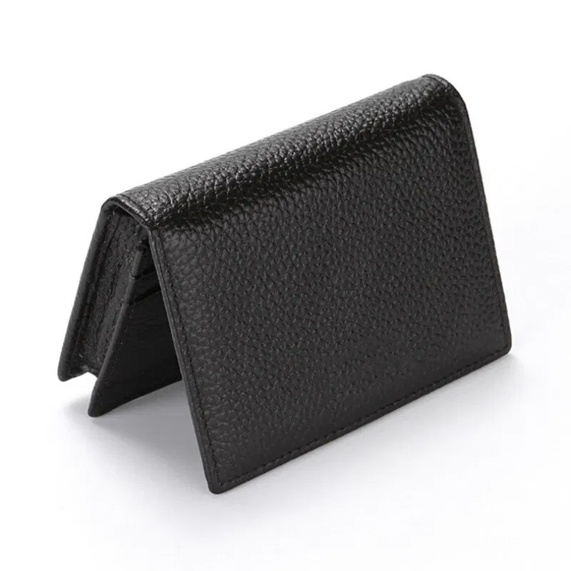 Color: Pink - NEW 2024 Genuine Leather Wallet Ultra-thin Fold Unisex Purse Credit Card ID VIP Bank Slim Bag Simple Business Card Holders