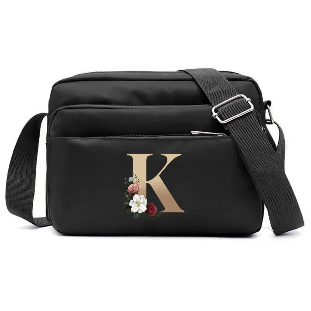 Color: Ivory - New Fashion Multi-layer Travel Leisure Simple Storage Bag Black Gold Letter Series Printing Pattern One Shoulder Crossbody Bag