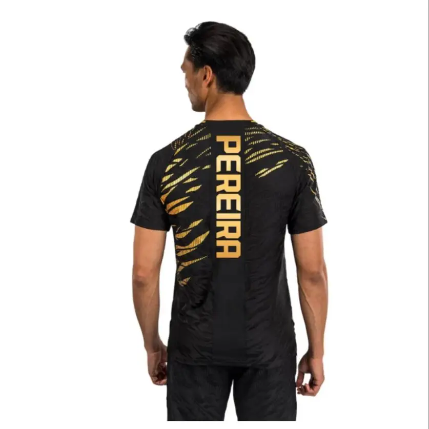 Color: Gold, Size: 4XL - 2025 New quick-drying tops for Summer Men's UFC Fusion by Venum Black/Gold Alex Pereira Authentic Fight Night Champion Walkout
