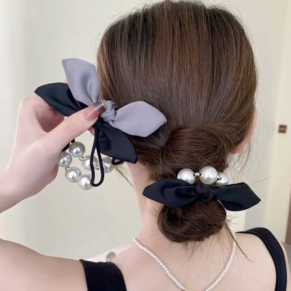 Color: Apricot - 2022 Fashion Woman Big Pearl Hair Ties Korean Style Hairband Scrunchies Girls Ponytail Holders Rubber Band Hair Accessories
