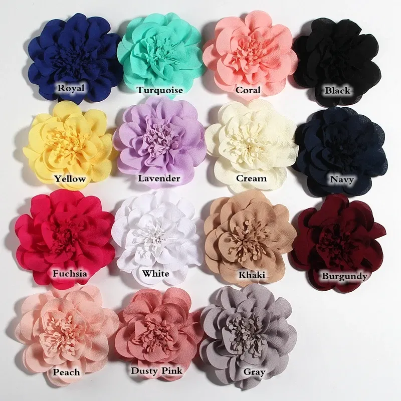 Color: Silver - 1PC 10CM 3.8" Big Chiffon Flowers Hair Clips Hairpins Handmade Artificial Rolled Rose Fabric Flower For Girls Head Accessories