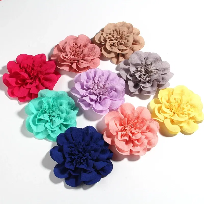 Color: Silver - 1PC 10CM 3.8" Big Chiffon Flowers Hair Clips Hairpins Handmade Artificial Rolled Rose Fabric Flower For Girls Head Accessories