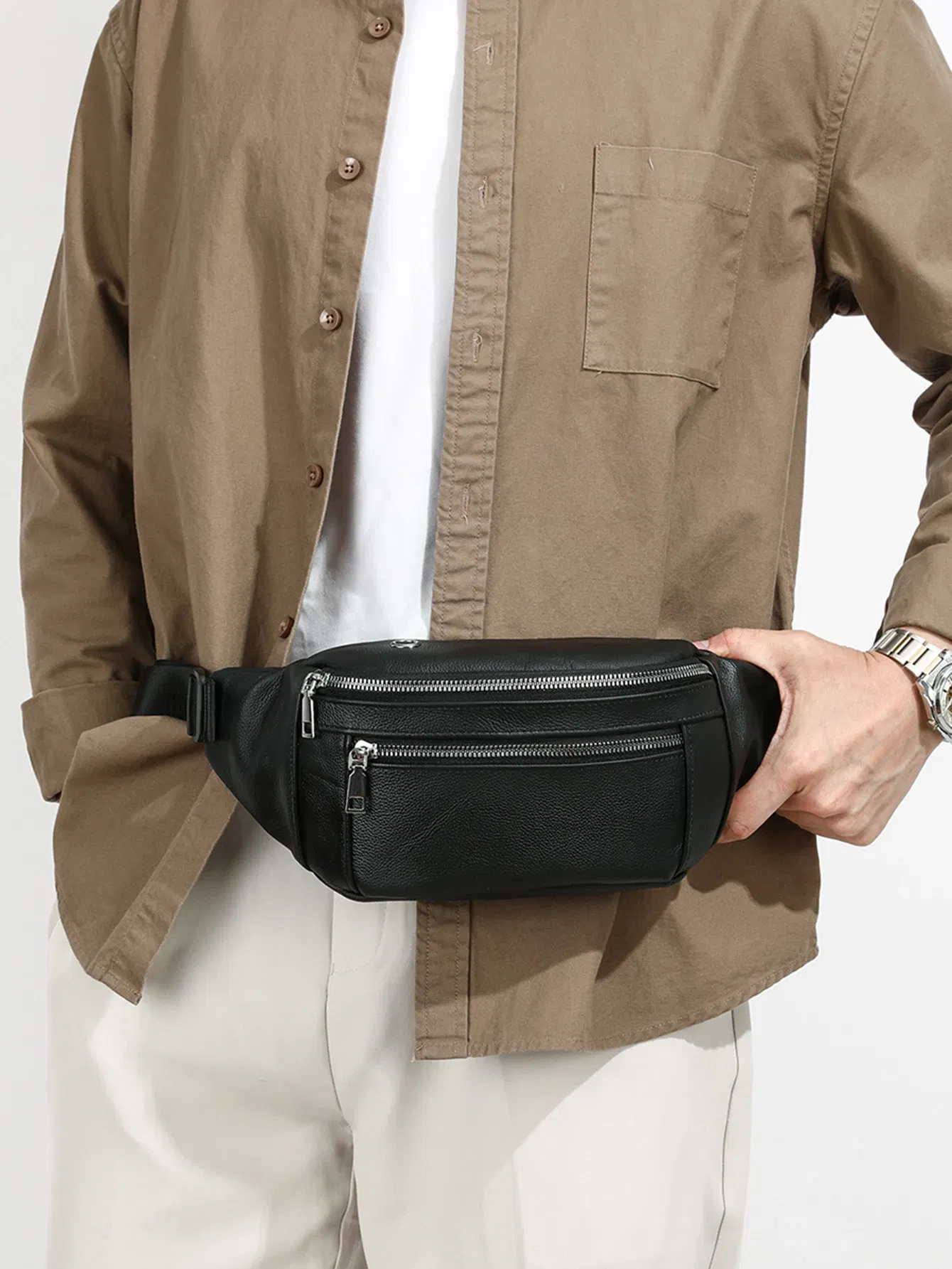 Color: black - VC Simple Black Men's Genuine Leather Fanny Pack Lightweight Sports Waist Bag for Men Belt Pouch Phone Chest Bags Male Small Bag