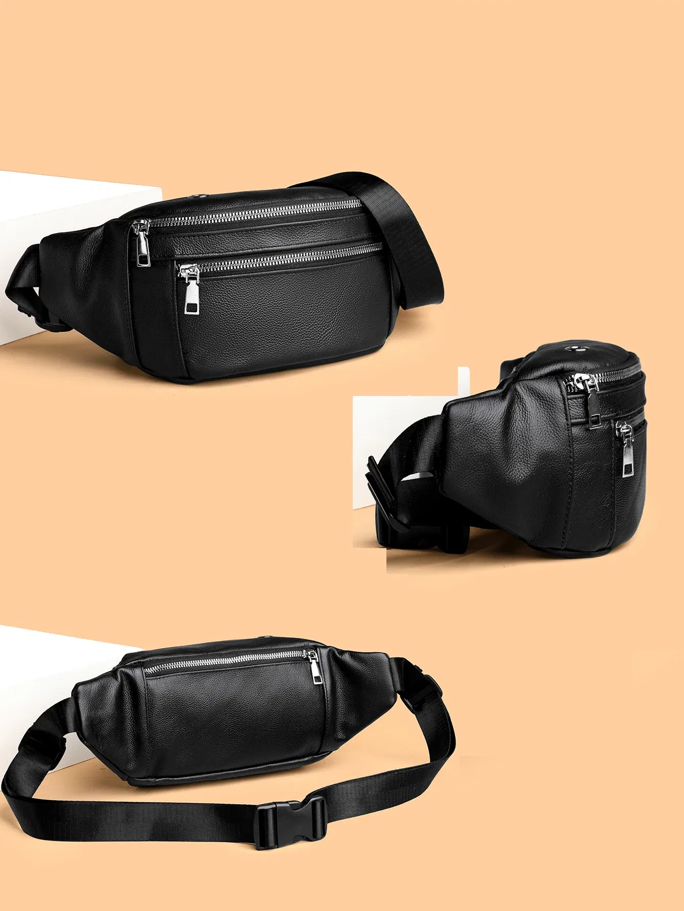 Color: black - VC Simple Black Men's Genuine Leather Fanny Pack Lightweight Sports Waist Bag for Men Belt Pouch Phone Chest Bags Male Small Bag