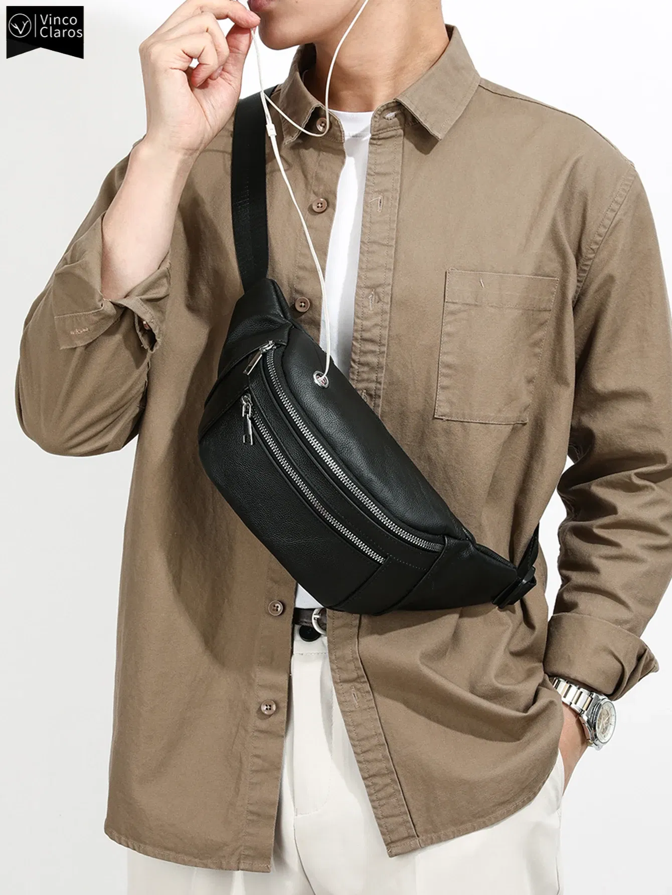 Color: black - VC Simple Black Men's Genuine Leather Fanny Pack Lightweight Sports Waist Bag for Men Belt Pouch Phone Chest Bags Male Small Bag