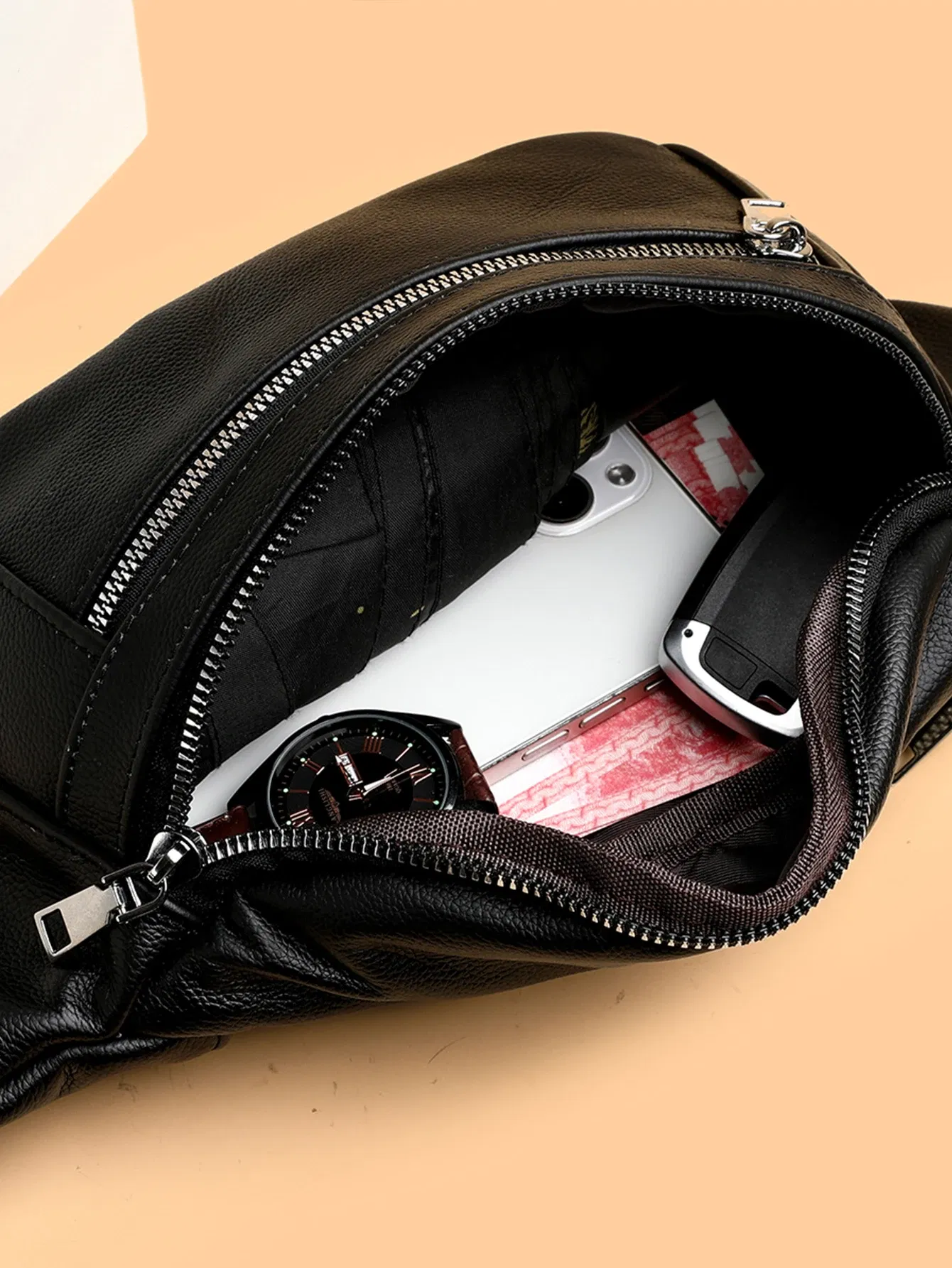 Color: black - VC Simple Black Men's Genuine Leather Fanny Pack Lightweight Sports Waist Bag for Men Belt Pouch Phone Chest Bags Male Small Bag