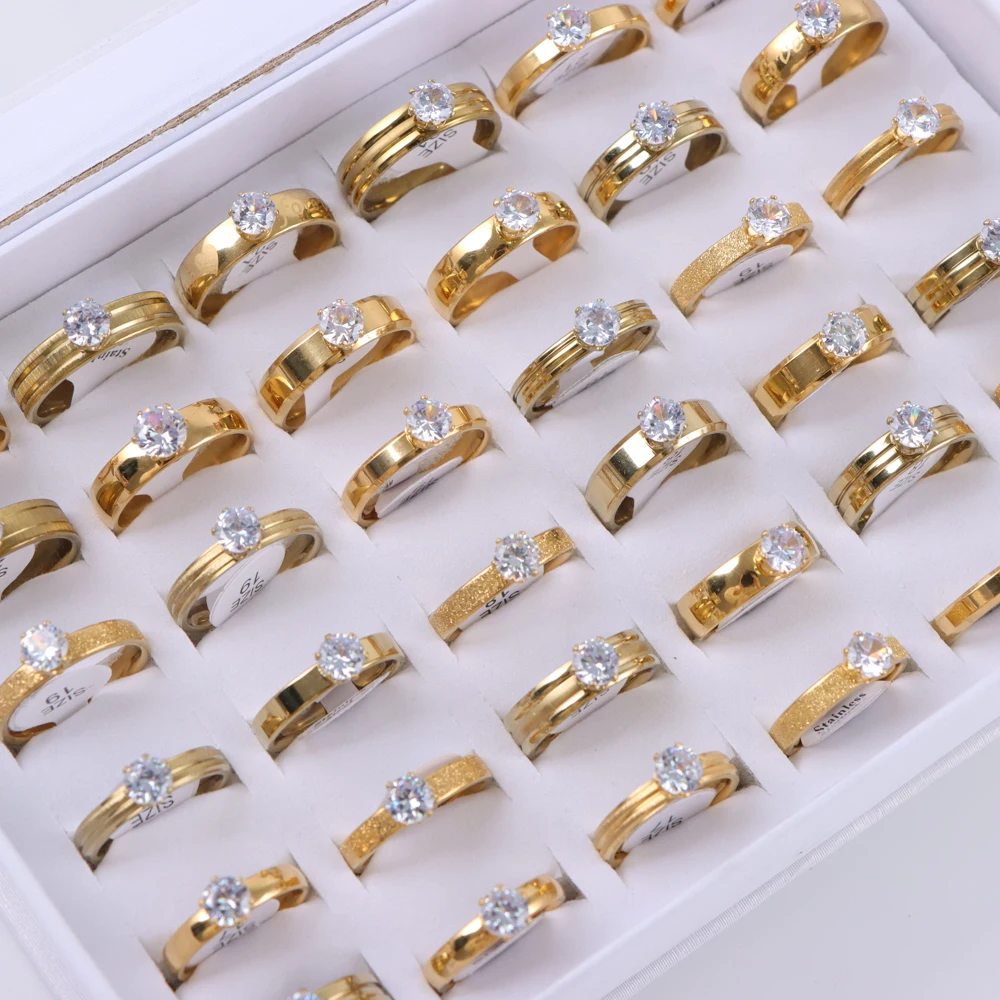 Main Stone Color: Green, Metal Color: Antique Bronze Plated, Ring Size: 17 - 10/20/30/50Pcs/Lot Fashion Elegant Inlaid Stainless Steel Ring With Rhinestone High-end Women's Proposal Engagement Jewelry Gift