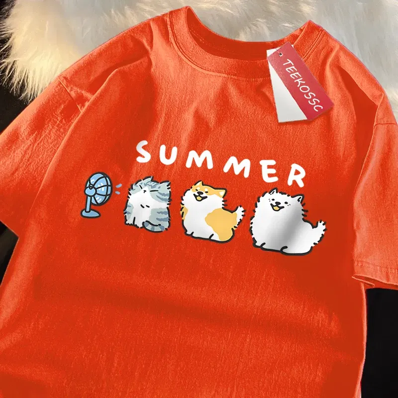 Color: GRAY, Size: S - Cats And Dogs Blowing Fans Print T Shirts Men Women Cute Crewneck Clothes Loose Summer T-Shirts Fashion Cotton Short Sleeve