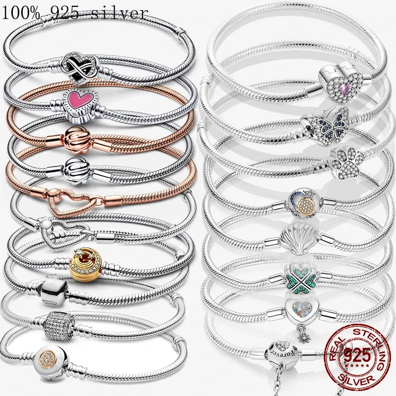 Gem Color: silver, Length: 18cm - 925 Silver Heart Snake Chain Bracelet For Women Infinite Knot Butterfly Infinity Clasp Femme Bracelet Bangles Jewelry Gift