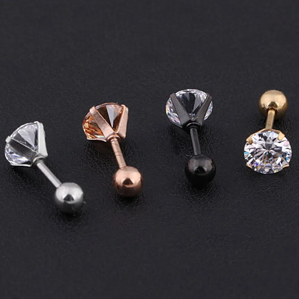 Metal Color: Pure Gold Color, Main Stone Color: black - 1Pc Small Round Cz Tragus Cartilage Titanium Steel 16G 4 Prong Ear Stud Earrings Tragus Helix Piercing Jewelry Sexy Body Jewelry