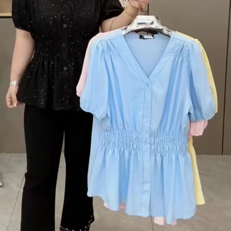 Color: Glowing Yellow, Size: 1XL - 200 Pounds Plus Size Elastic Waist Summer Shirt And Blouse Short Sleeve Solid Top Women's New In Clothes Simple V-neck French