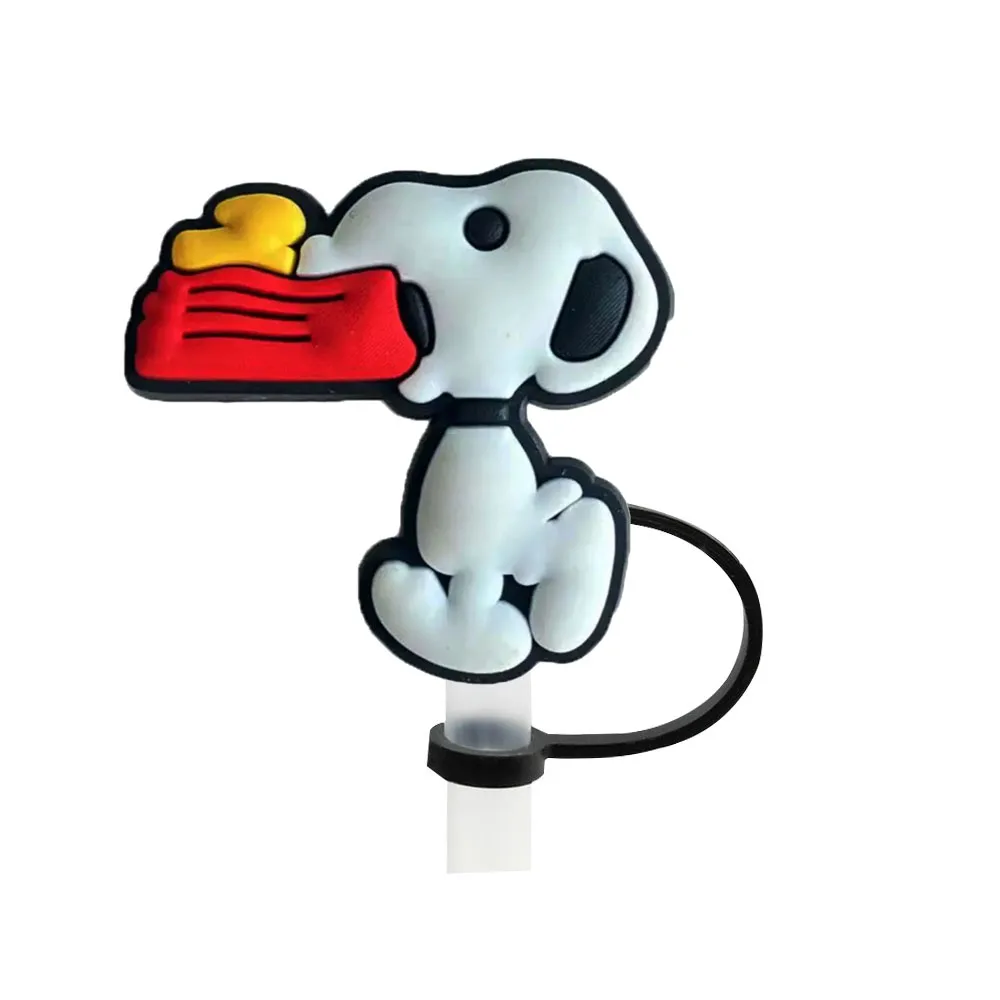 Color: Silver - 1-12PCS Cute  MINISO Snoopy Straw Cover Cap With 30&40Oz Cup10mm Straw Toppers Reusable Dust-Proof Straw Caps Cartoon Drink Stra