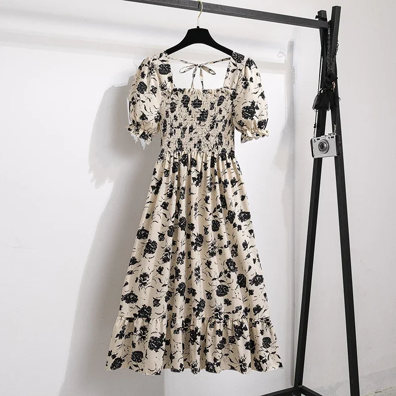 Color: Beige, Size: One Size - Spring Summer Chiffon Dresses Fashion Female Elastic Waist Short Sleeve Pleated Casual Dress Women A-line Dresses Vestidos