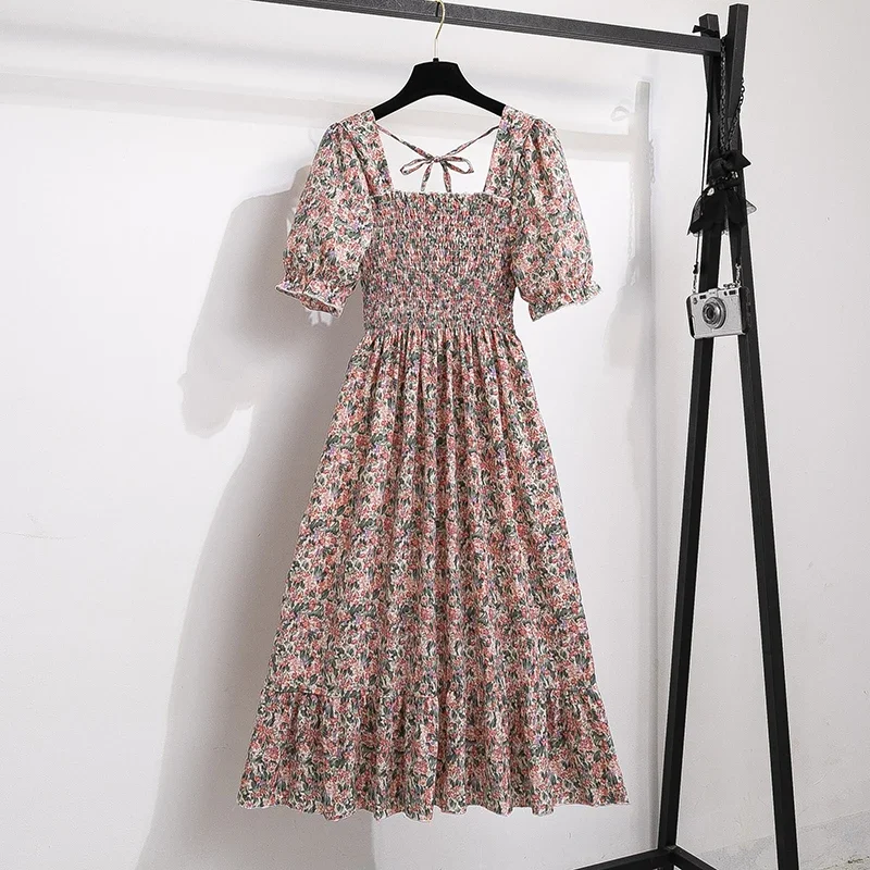 Color: Beige, Size: One Size - Spring Summer Chiffon Dresses Fashion Female Elastic Waist Short Sleeve Pleated Casual Dress Women A-line Dresses Vestidos