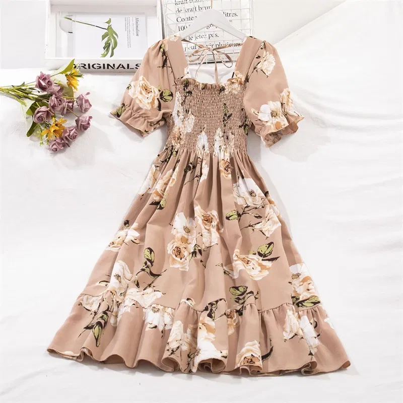 Color: Beige, Size: One Size - Spring Summer Chiffon Dresses Fashion Female Elastic Waist Short Sleeve Pleated Casual Dress Women A-line Dresses Vestidos