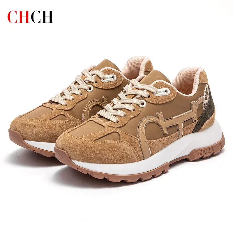 Color: Khaki, Shoe Size: 36 - CHCH Women Tennis Shoes New Leather Splicing Student Sports Shoes