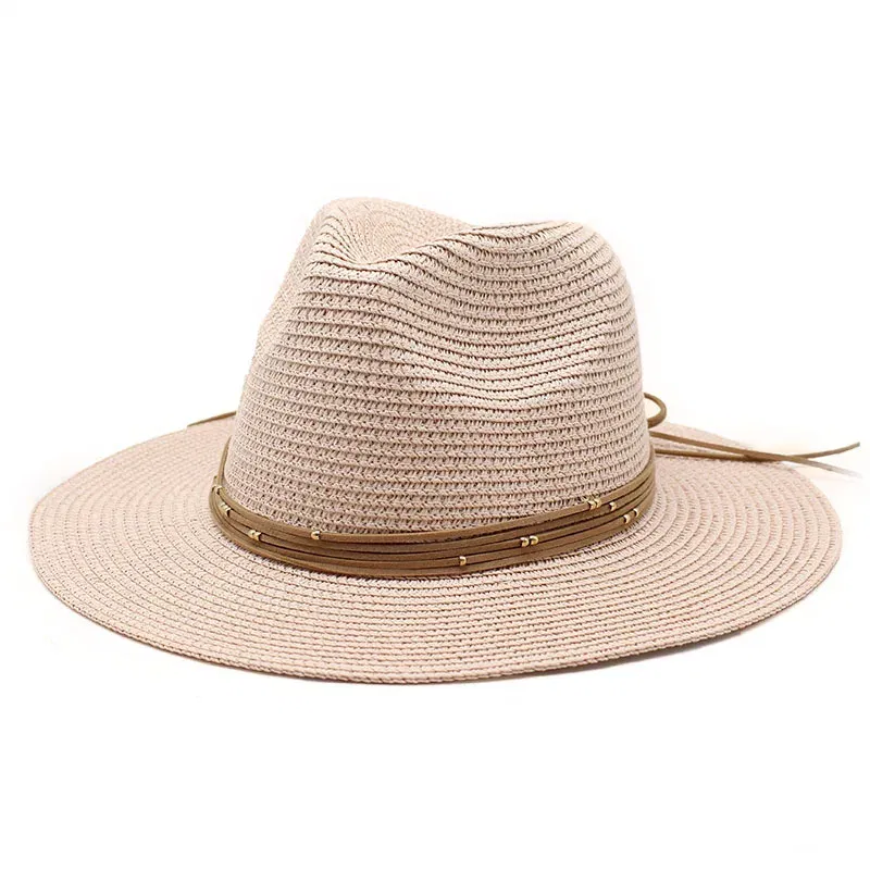 Color: Pink, Size: L - Big Size 60CM New Straw Hat 7cm Brim Summer Cooling Beach Sun Hat Outdoor Party Panama Jazz Hat Sombreros De Mujer