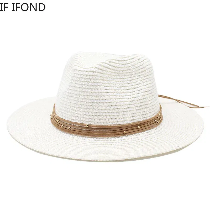 Color: Pink, Size: L - Big Size 60CM New Straw Hat 7cm Brim Summer Cooling Beach Sun Hat Outdoor Party Panama Jazz Hat Sombreros De Mujer