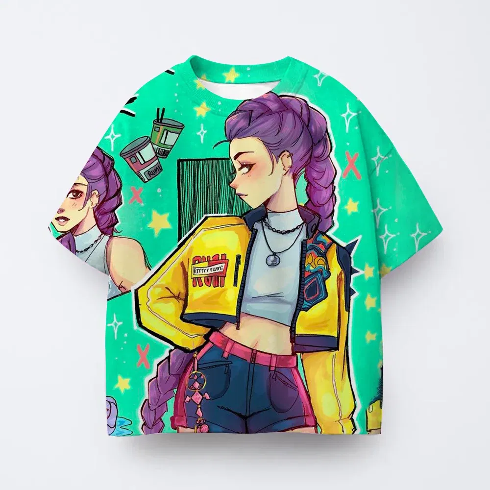 Color: Gold, Kid Size: 4T - Toddler Girl Clothes Kpop Demon Hunters Cartoon Tee Shirt Funny Gift for Fans Harajuku Cool Kids T-shirts Cotton Summer Tops