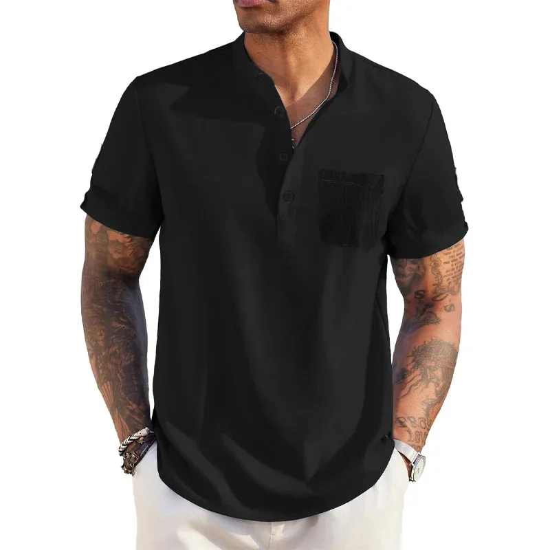Color: black, Size: XXL - Summer Men's Cotton Linen T-Shirt Henley Neck Pocket Casual Lightweight Breathable Beach Shirt Solid Color Basic Style Tops