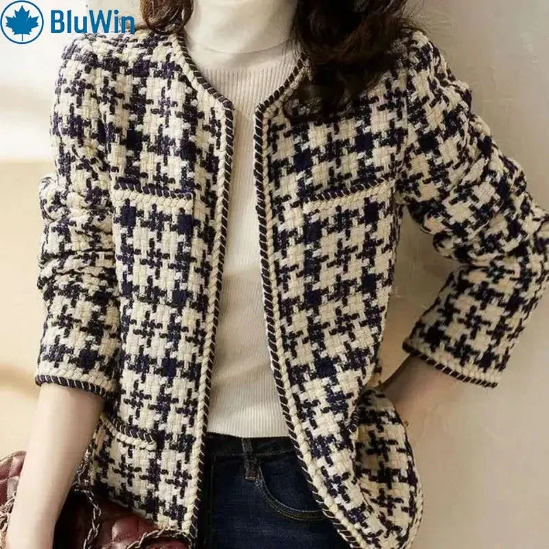Color: black, Size: XL - URBANCHIC Classic Checkered Tweed Jacket ?“ Elegant Contrast Trim for a Timeless, Chic Look