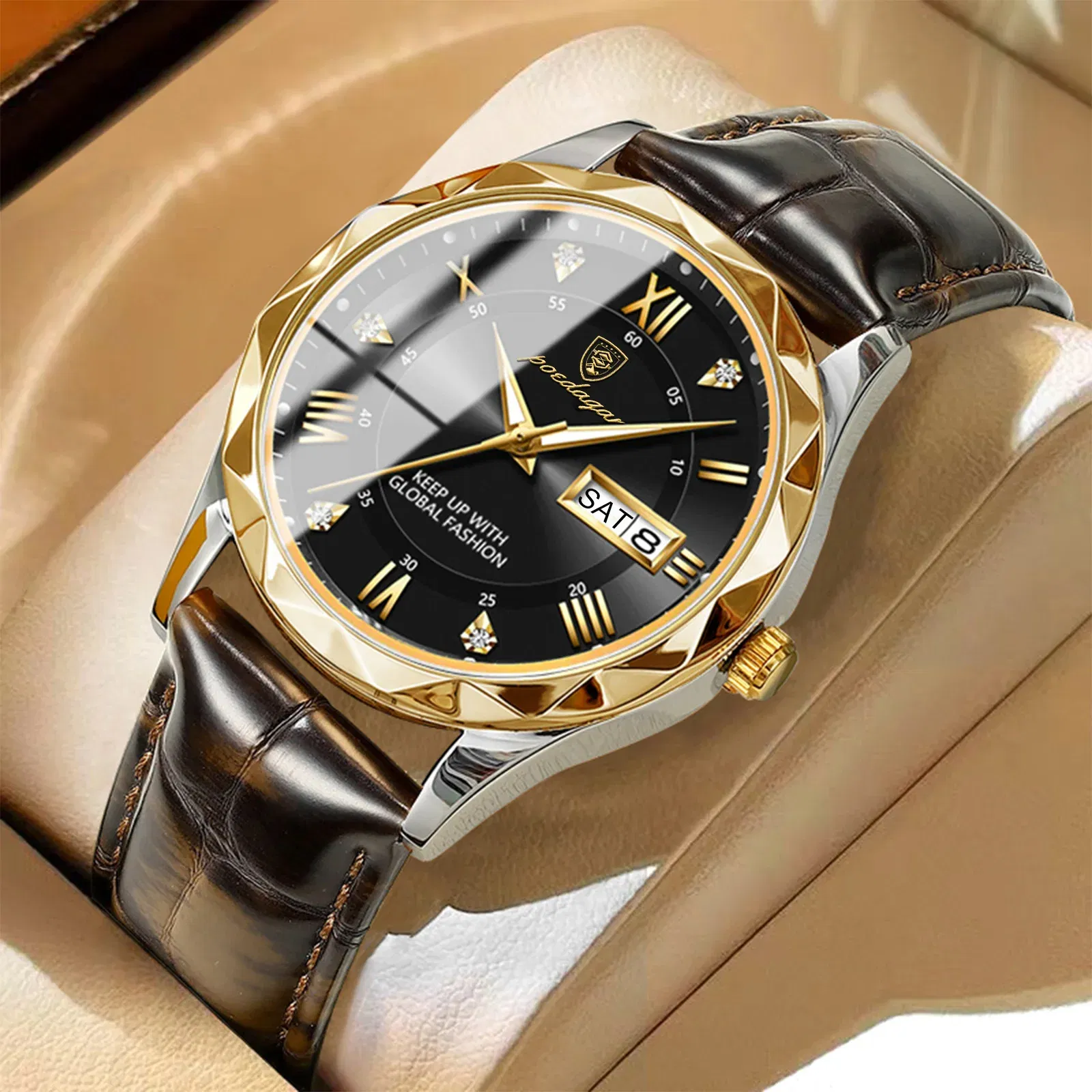 Color: grey - POEDAGAR Luxury Business Man Wristwatch Waterproof Luminous Date Week Men Watch For Men Quartz Clock Leather Men's Watches reloj