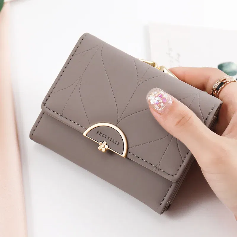 Color: GRAY - 024 Women's summer new women's short wallet Japan and South Korea PU leather hardware buckle three fold bag high texture multi-c