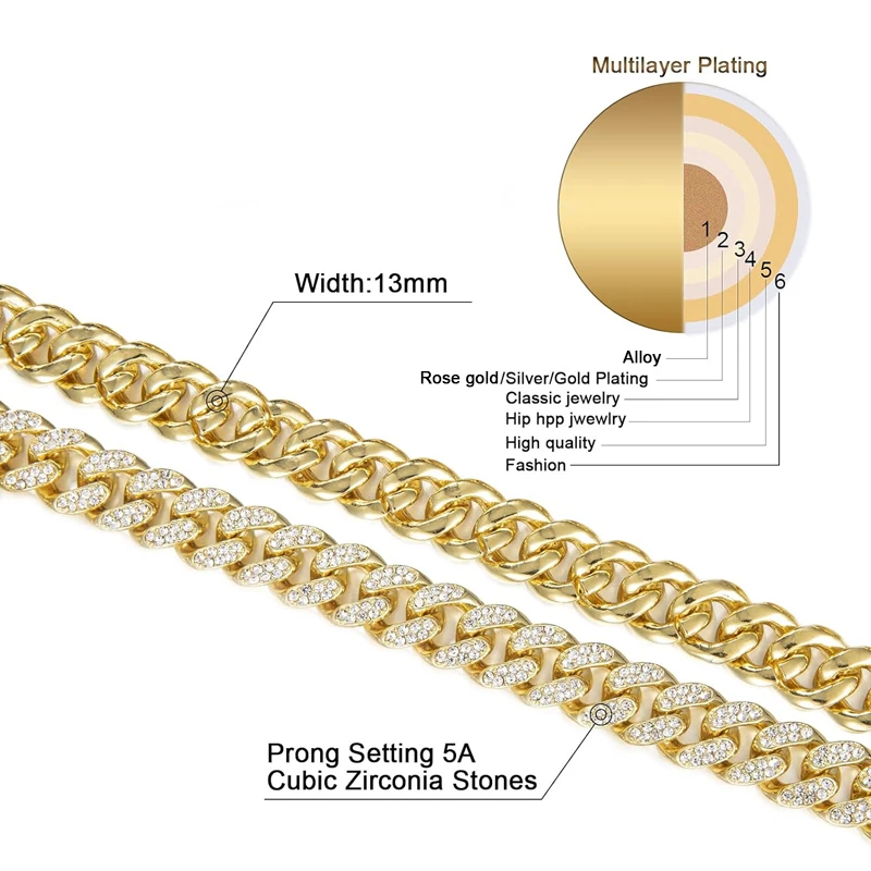 Metal Color: RED-BROWN, Length: 70cm - Men Women Hip hop Iced Out Bling Chain Necklace High quality 13mm width Miami Cuban Chain HipHop Necklaces Fashion Jewelry