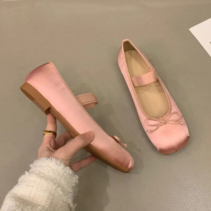 Color: Beige, Shoe Size: 39 - 2023Luxury Satin Silk Ballet Shoes Woman Classic Square Toe Bowtie Elastic Band Ballerina Flats Ladies Soft Loafers