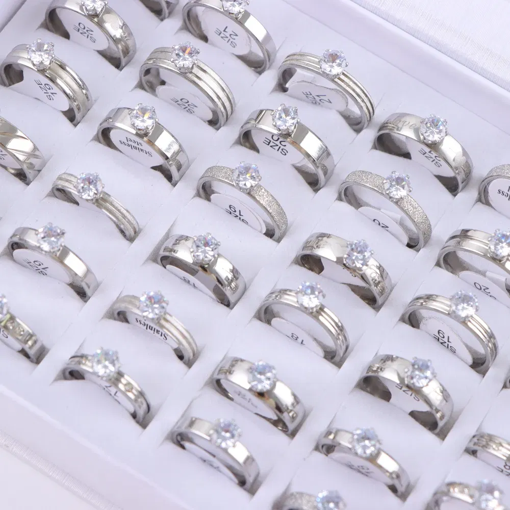 Main Stone Color: Black, Metal Color: Rhodium Plated, Ring Size: 17 - 10/20/30/50Pcs/Lot Fashion Elegant Inlaid Stainless Steel Ring With Rhinestone High-end Women's Proposal Engagement Jewelry Gift