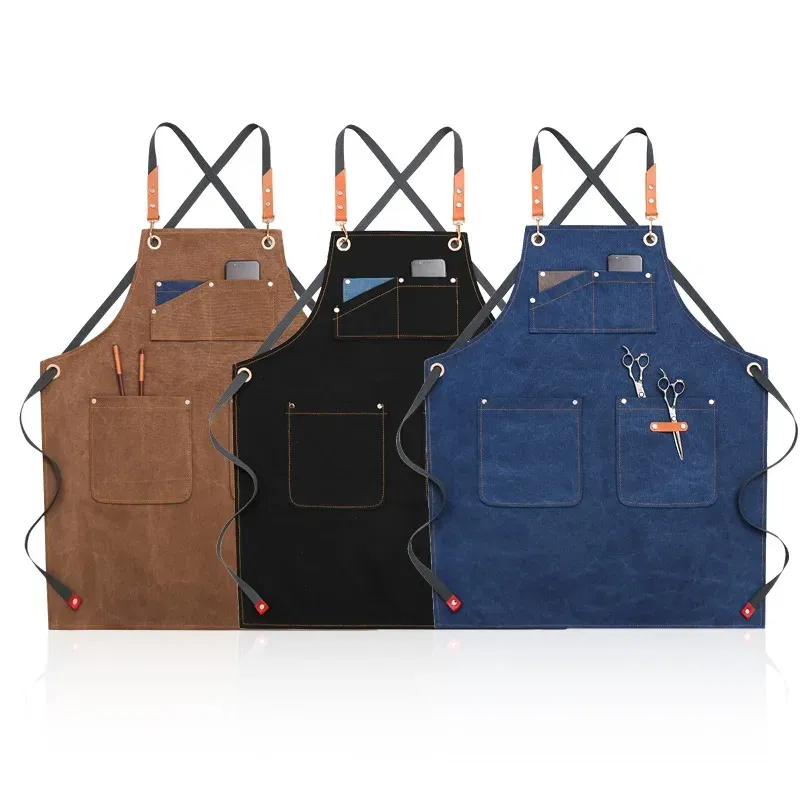 Color: Red - Apron Men Women Aprons W/ Large Pockets Cooking Aprons, Canvas Cross Back Apron Adjustable Strap Baker Apron Kitchen Baking Bib