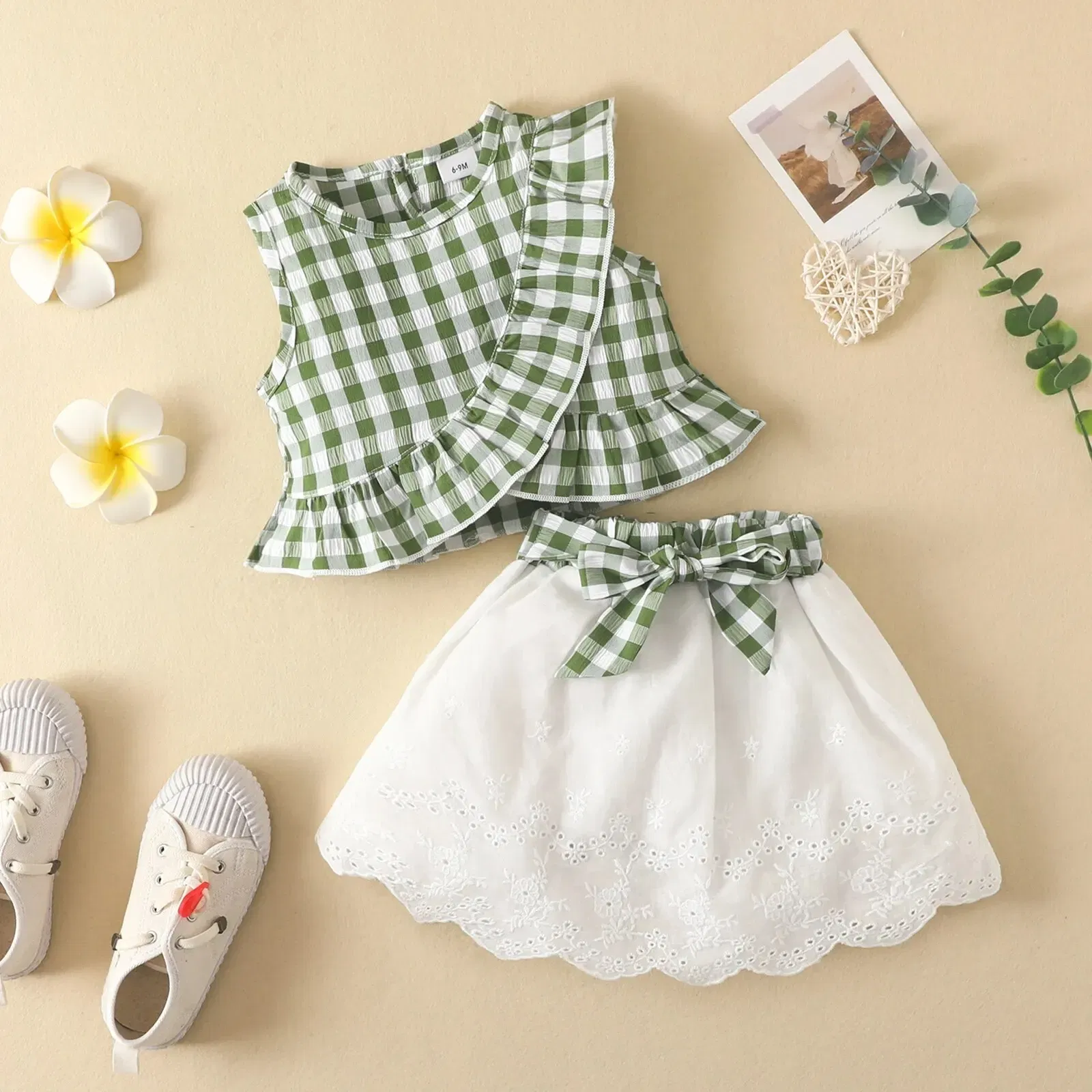 Kid Size: 9M, Color: Red - Charming Girls' Summer Ensemble: Sleeveless Plaid Ruffle Top & Lace Hem Skirt - Comfy, Durable & Stylish