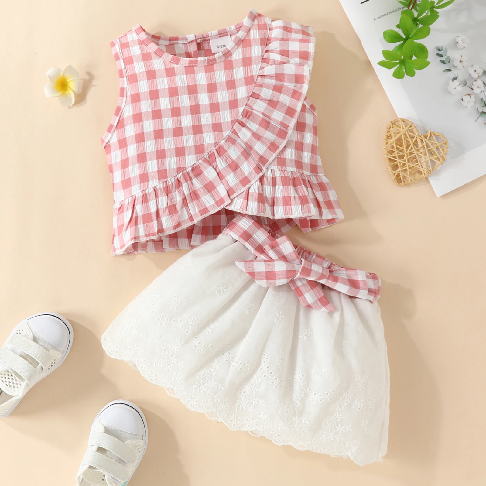 Kid Size: 9M, Color: Red - Charming Girls' Summer Ensemble: Sleeveless Plaid Ruffle Top & Lace Hem Skirt - Comfy, Durable & Stylish