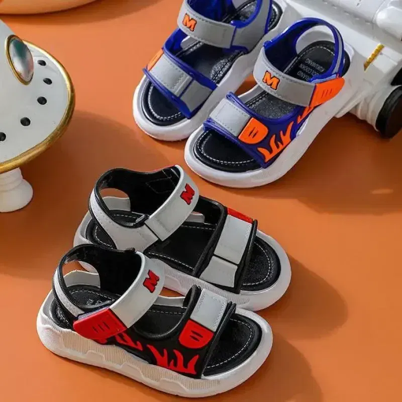 Color: Beige, Shoe Size: 30 - Baby Sandals Flame Pattern Boy Sandals Soft Sole Anti-slip Boys Girls Children Shoes