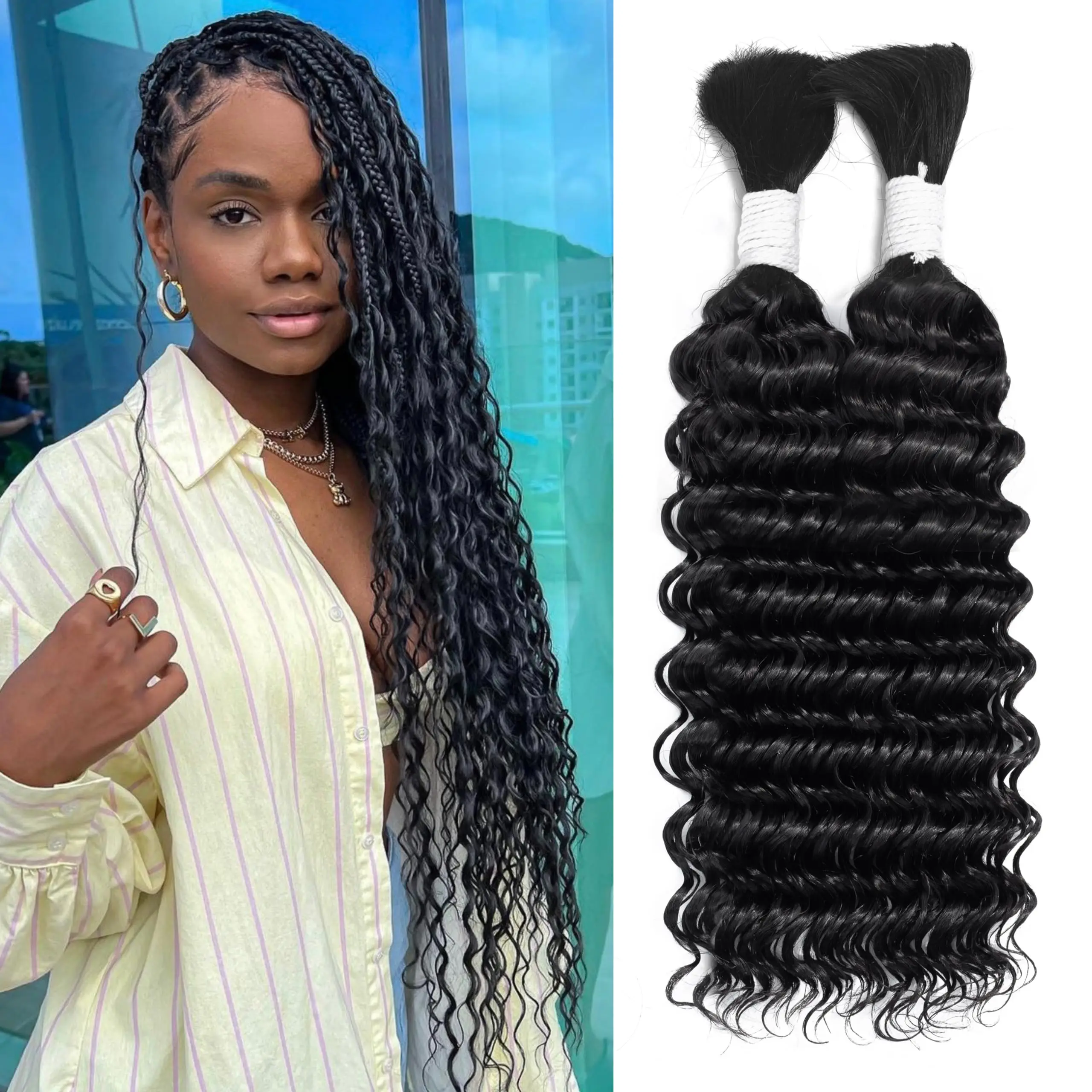 Color: Natural Color, Material Grade: virgin hair, Stretched Length: 22INCHES, Bulk Buy: 5pcs/lot - Bulk hair braiding Water Wave Bulk 18 inch human hair Boho braids with for knotless box or curly loose wave